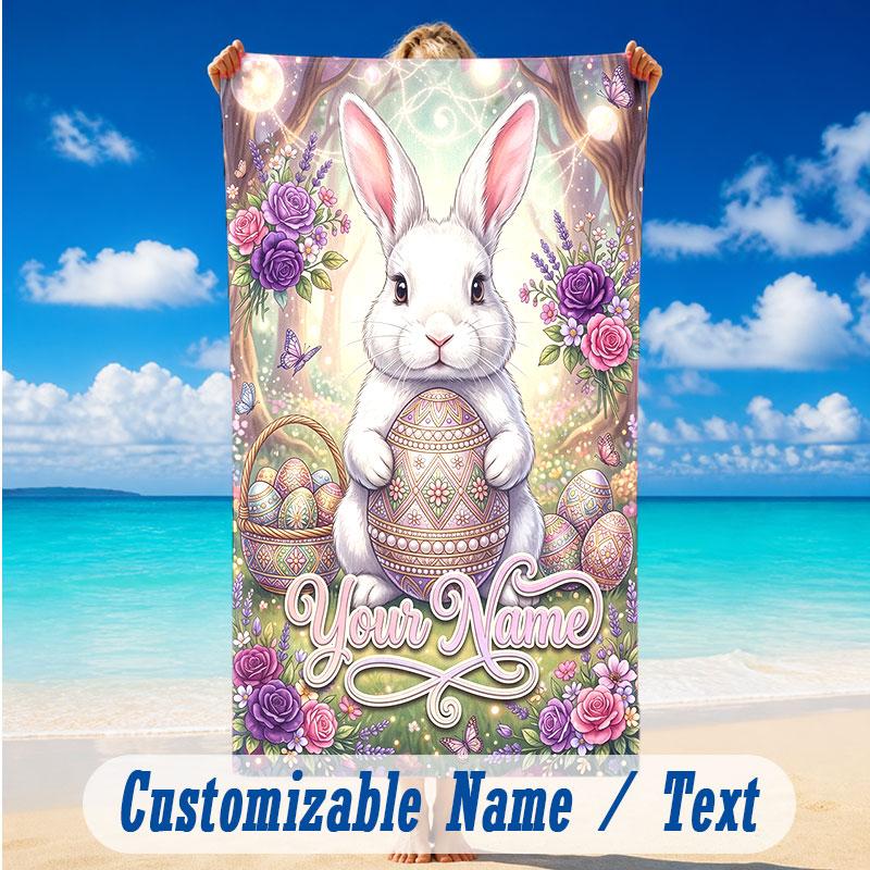 Easter Bunny Theme Beach Towel Personalized Custom Name & Text Soft Quick Dry Beach Towel for Swimming Travel