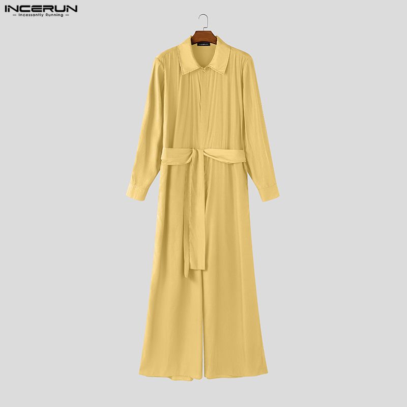 INCERUN Men Long Sleeve Belt Casual Flimsy Long Zipper Rompers Jumpsuits
