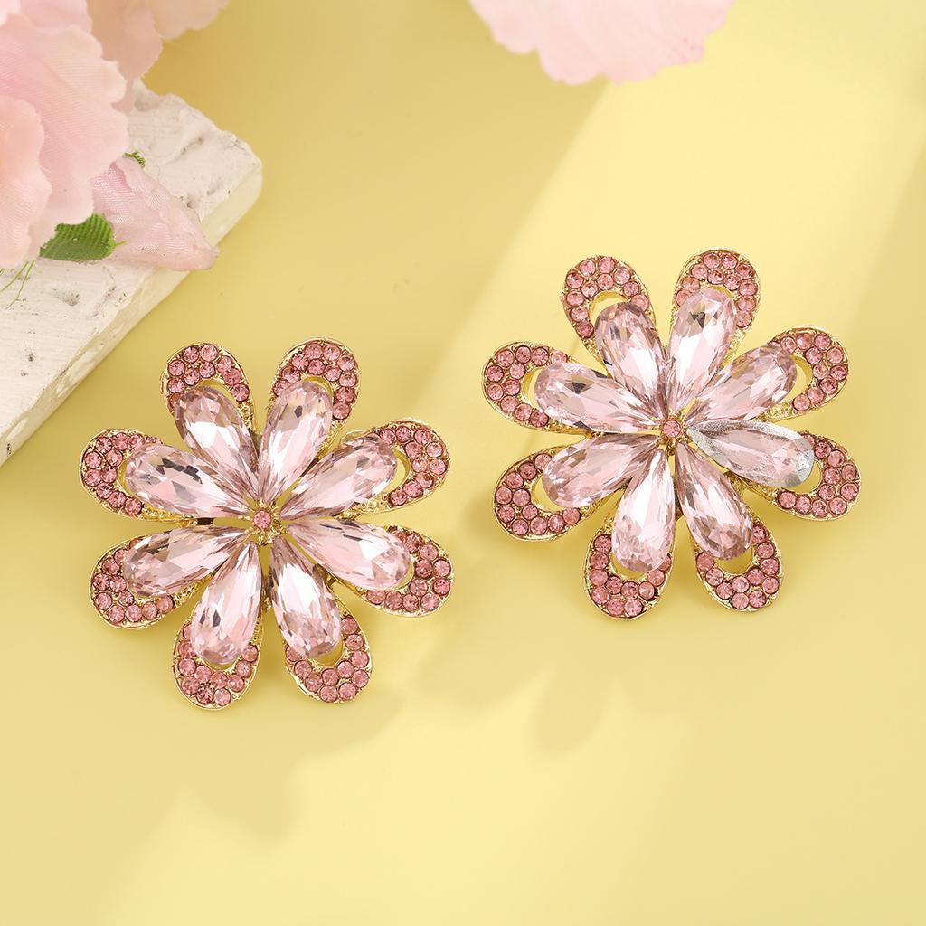 Luxury Sparkling Rhinestone Flower Earrings For Women Exaggerated Fashion Wedding Party Bride Jewelry