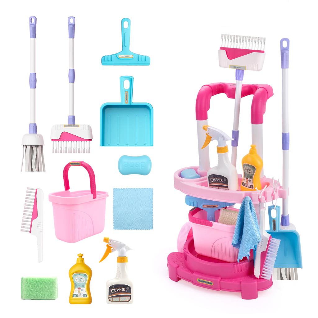 12 pièces/ensemble Ensemble de nettoyage pour enfants Jouets de nettoyage de la vie simulée avec chariot Jouet de jeu de rôle Jouet de maison de jeu d'hygiène et de nettoyage Garçons et Filles