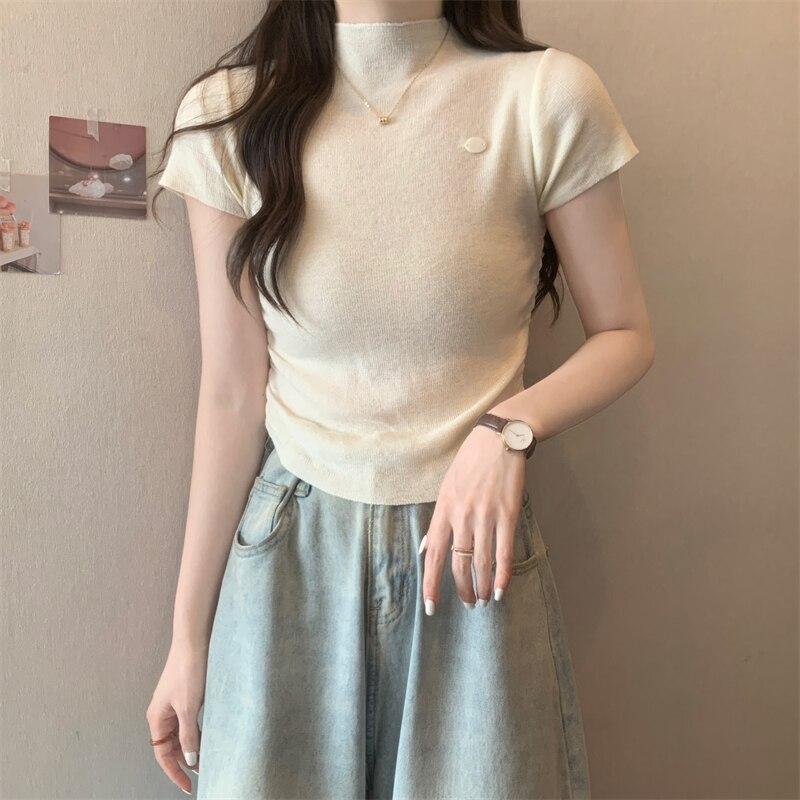 Camisa de Malha Slim Fit para Mulheres de Escritório Verão 2023 Tops Blusa de Manga Curta Gola Meio Alta Camisas Lisas Roupas Femininas 25250
