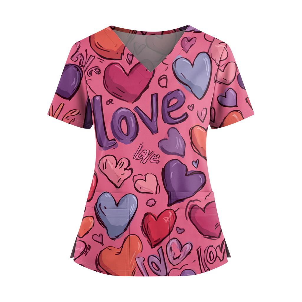 Women's Valentine's Day  Printed V-Neck Double Pocket Short Sleeves Hem Slit  Uniform Caregiver Top