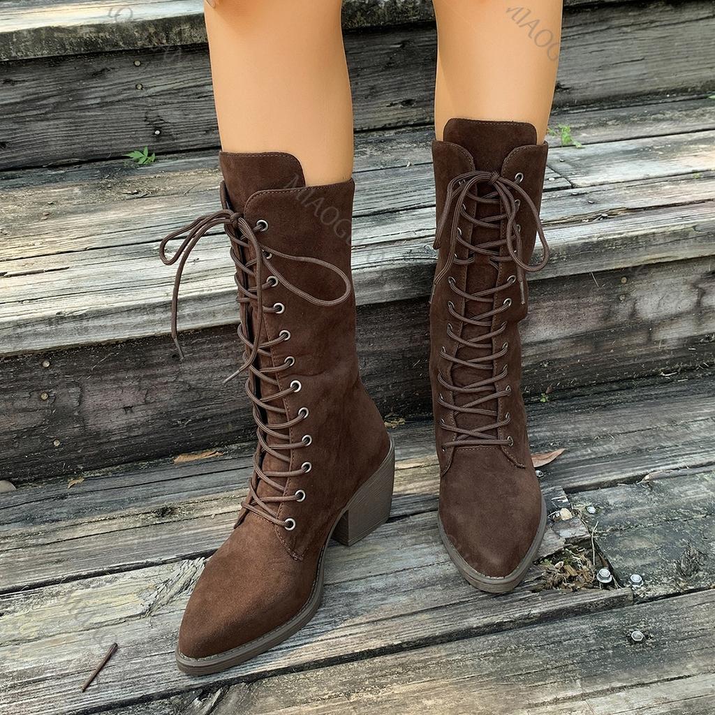 Fashion 2025 Autumn L New Pointed Head Suede Mid-calf Boots for Women Black Coffee Chunky High Heels Women's Shoes Front Lace Up Boats