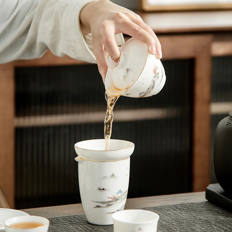 Gold-Inlaid Landscape White Porcelain Gongfu Tea Set