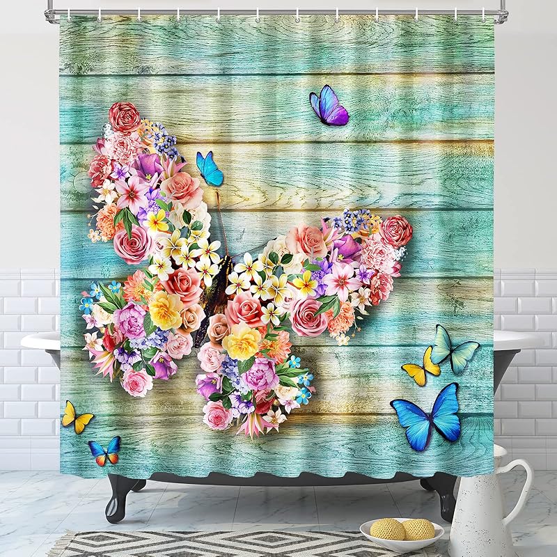 Vimorco Flower Butterfly Shower Curtain, Black Shower Curtains for Bathroom, Waterproof Quick-Dry Polyester Fabric Flower Shower Curtain, Floral Bath