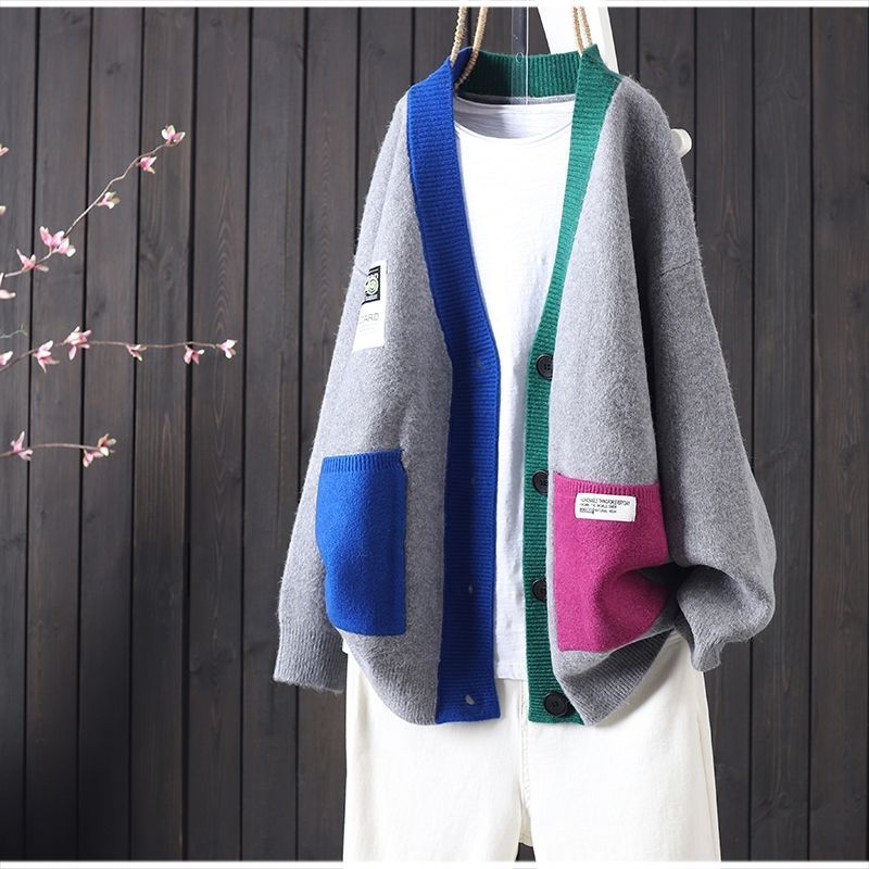 Høst og Vinter Damegensere V-hals Langermet Cardigan Jumpere Strikk Patchwork Løs Genser Tykk Spleiset Elegant Yttertøy Lommer