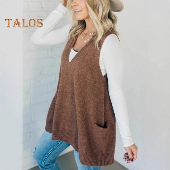 Damenpullover mit V-Ausschnitt, ärmellos, einfarbig, Strickweste mit Taschen, gerippter Besatz, lockere Passform, mittellange Freizeitstrickmode