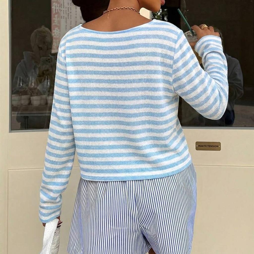 Maglia casual a righe da donna a maniche lunghe, vestibilità larga, spalle cadenti, maglione pullover, tessuto leggero e morbido, top per l'uso quotidiano