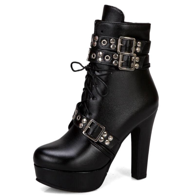 

Black Red Yellow White Women Ankle Boots Platform Lace Up High Heel Short Female Buckle Autumn Sexy Ladies Shoe 34 чорний