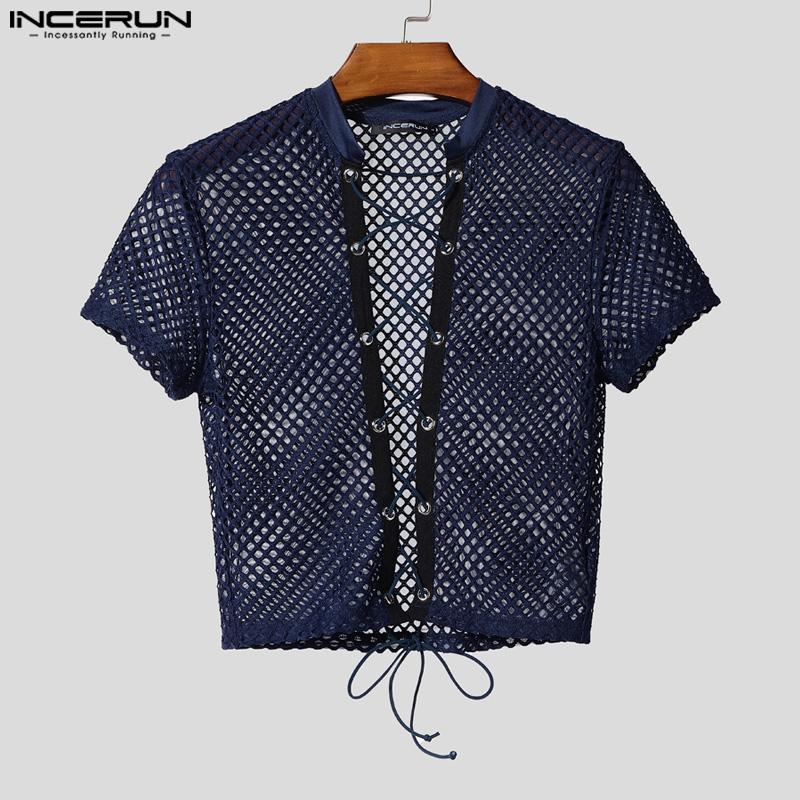 INCERUN Men Summer Short Sleeve Bandage Hollow Sheer Party Club Crop Tops T-shirts