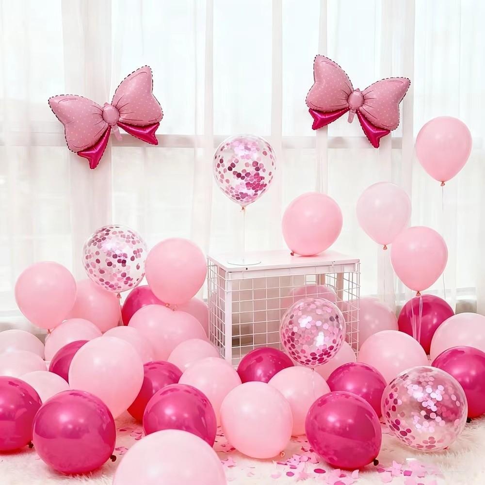 31Pcs 12inch Pink Bow Balloons Set Hot Pink Rose Dots Bow Foil Balloon with Ribbon Birthday Party Balloons