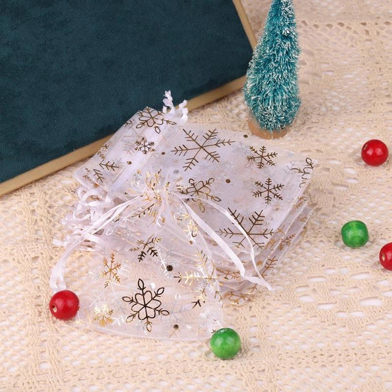 100 Christmas Drawstring Drawstring Mesh Bags Snowflake Organza Holiday Storage Decoration Wedding Gift Ornament Candy Bags