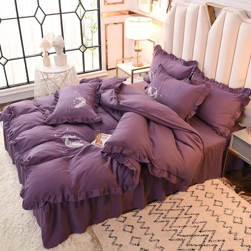 4pcs/set Korean Feather Embroidered Bed Skirt Bedding Set Female Princess Style Solid Color Double Sheet Quilt Cover Pillowcases Set