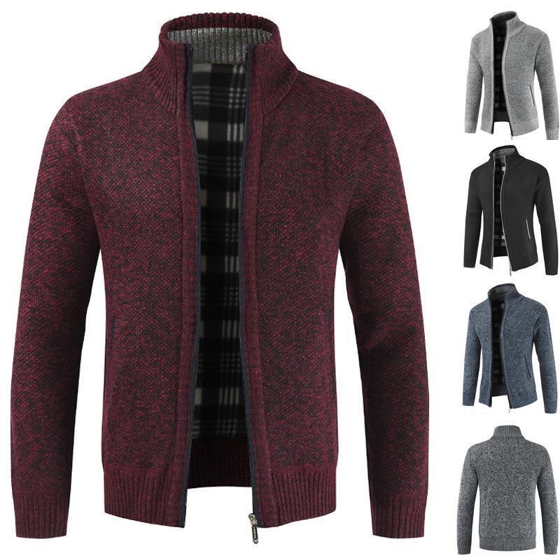 Chunky Knit Fleece-Lined Zipper Cardigan: Stand Collar Winter Sweater