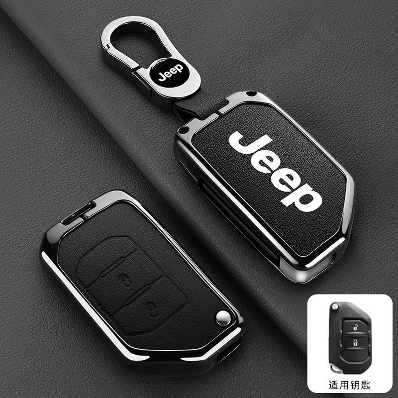 For Jeep Metal Leather Car Key Case Cover Shell Keychain for Jeep Wrangler Gladiator JL JLU Rubicon Sahara JLU JT 2018-2022 A