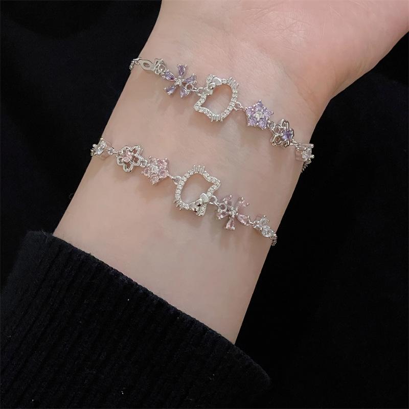 Peach Full Diamond Zircon Hollow Cat Cartoon Bracelet Light Luxury Niche Exquisite High Value Student Party Birthday Gift