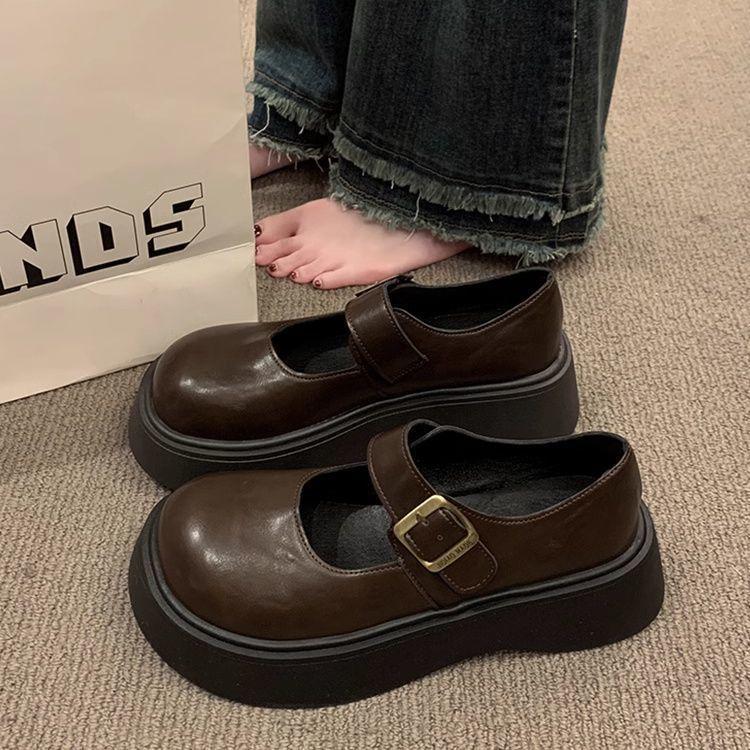 thick-soled black light-mouth small leather shoes for women's autumn new versatile Mary Zhenzi with skirt single shoes