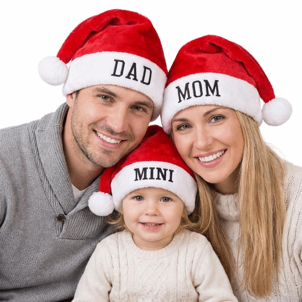 Fluffy Christmas Santa Cap DAD MOM MINI Embroidered Family Xmas Decor Hat Xmas Party Gift