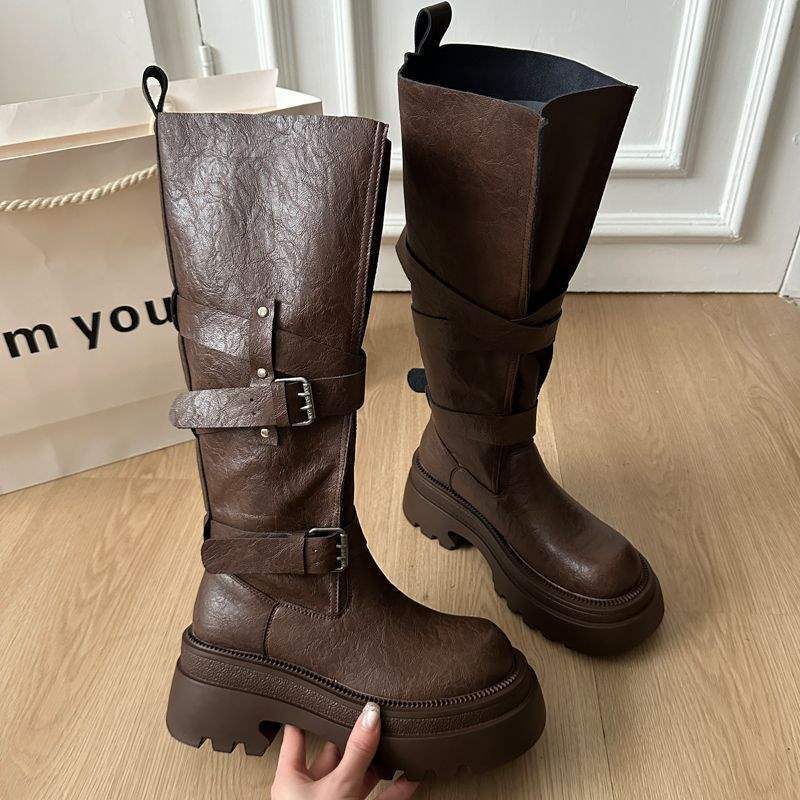 Versatile retro belt buckle 2025 boots autumn new small thick-soled heightening knight boots long boots women