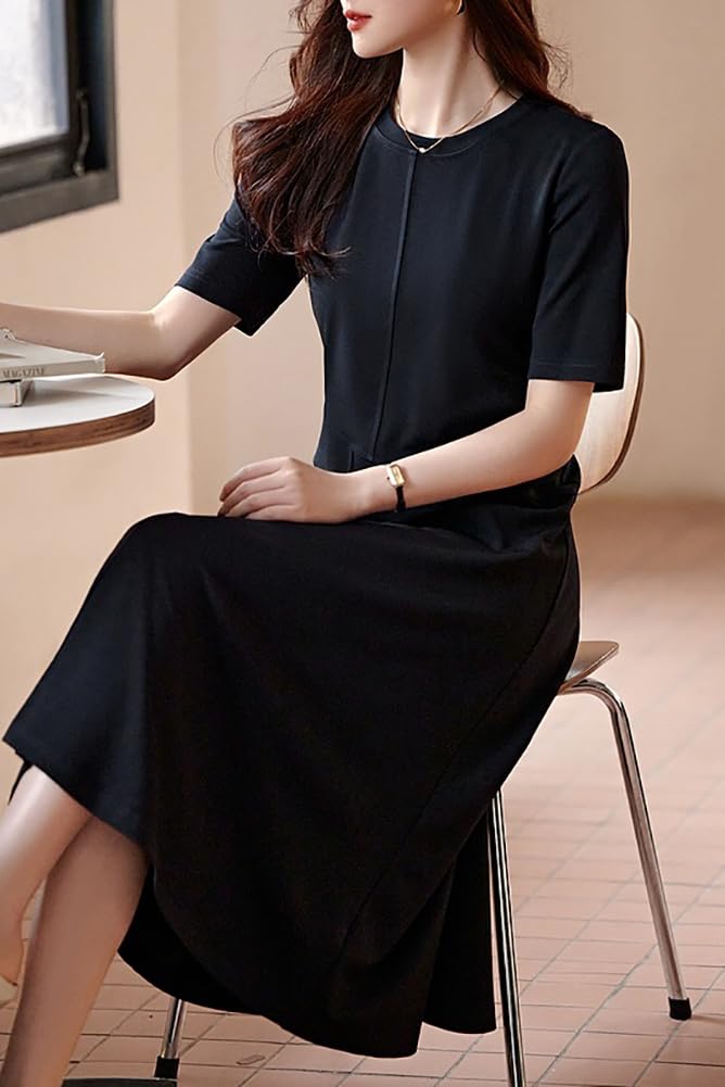 Vestido Midi Curto de Verão Chubikime Gola Redonda Solto Liso Adulto Casual Perfeito para o Trabalho ou Ocasiões Formais Vestido Feminino, Comprimento, Mangas, Gola, Corte em A