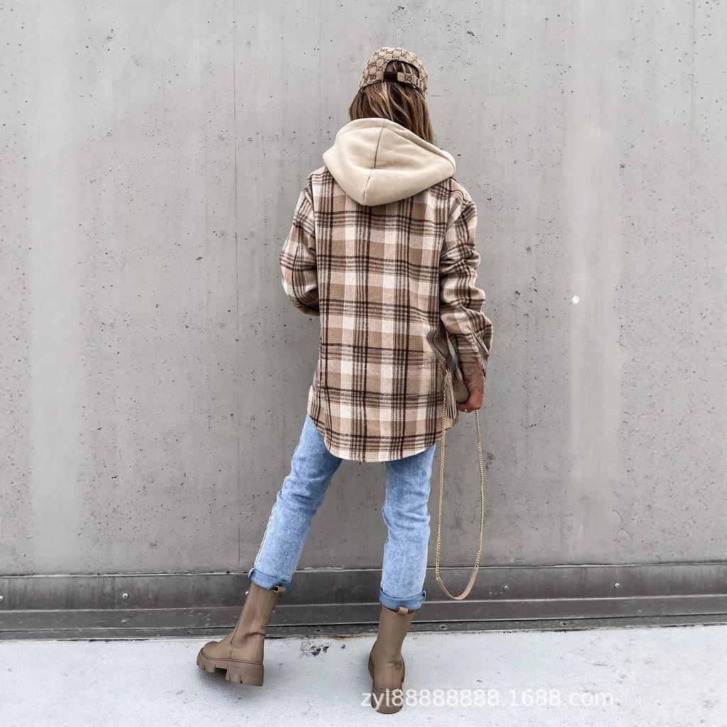 Women's Oversized Plaid Shirt with Hood, Casual Loose Fit Checkered Long Sleeve Top
