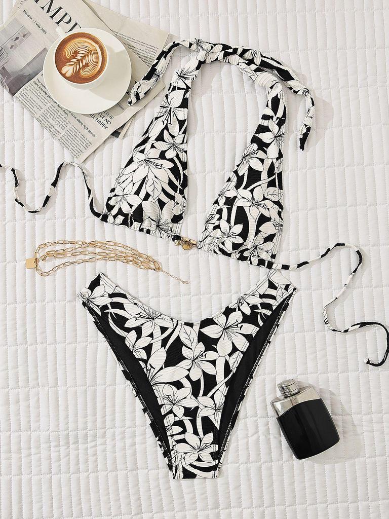 2026 European & American Style Black & White Floral Bikini Set - Sexy Two-Piece Swimwear