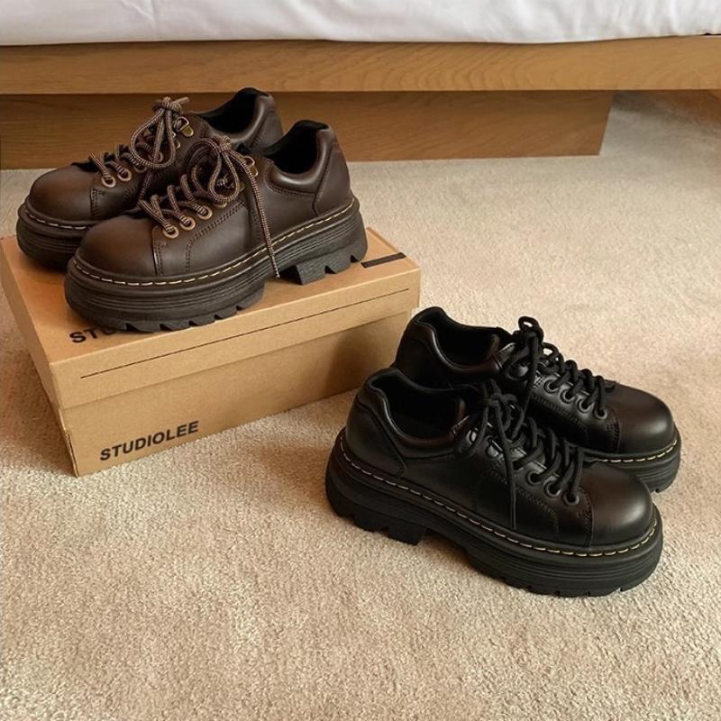 Fashion Retro Brown Thick Bottom Mary Jane Shoes Women British Style Sewing Lace Up Design Leather Shoe Fall New Brand Loafers Sandalias