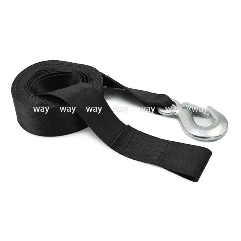 6M Black Polyester Heavy Duty Winch Strap for Boats Car Vehicles Emergency Towing Rope with Safety Snap Hook Replacement Parts