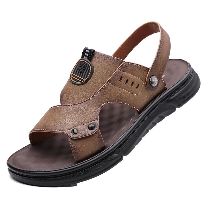 

Шкіряні сандалі чоловічі нові 2025 літнє взуття для водіння повсякденні м яка підошва нековзні пляжні туфлі чоловічі круті шльопанці 44 хакі