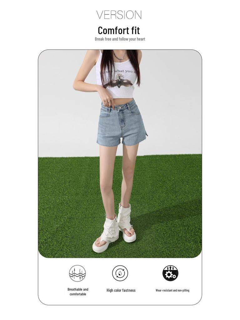 Women's High-Waist Elastic Denim Shorts - Summer Thin, Loose, Three-Quarter Length with Split Hem