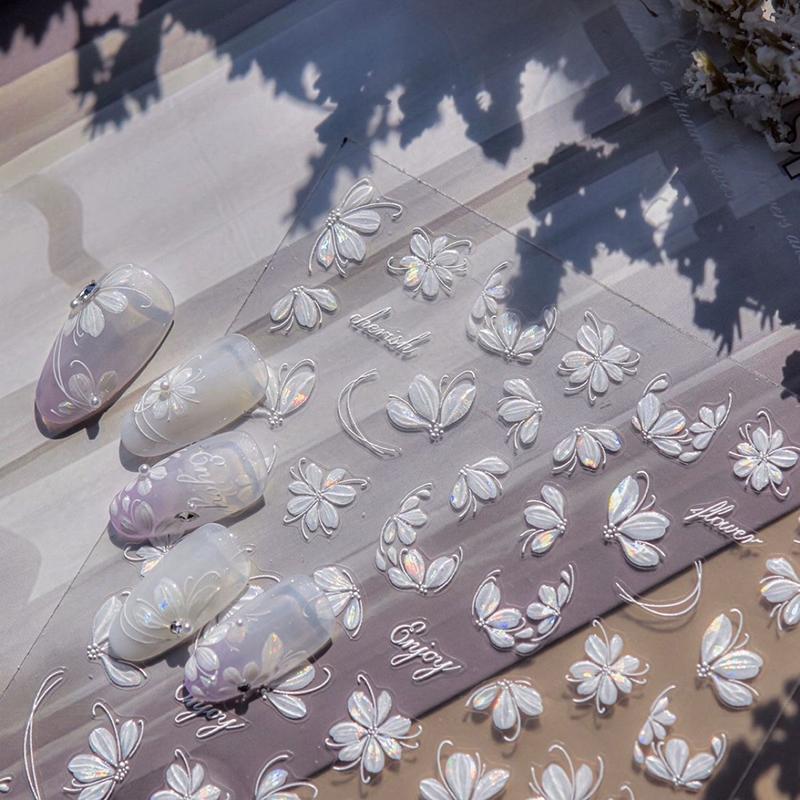 

5D Exquisite White Flower Nail Art Stickers Kawaii Flower Nail Decoration Decals Self Adhesive Slider Diy Accessories ONE SIZE