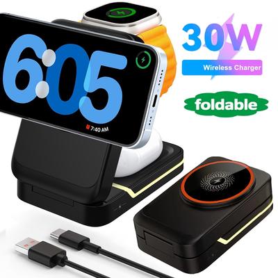 30W 3 In 1 Foldable Charging Station Fast Magnetic Wireless Charger Stand for iPhone16 15 14 13 12 Apple Watch 8 7 6 Airpods Pro