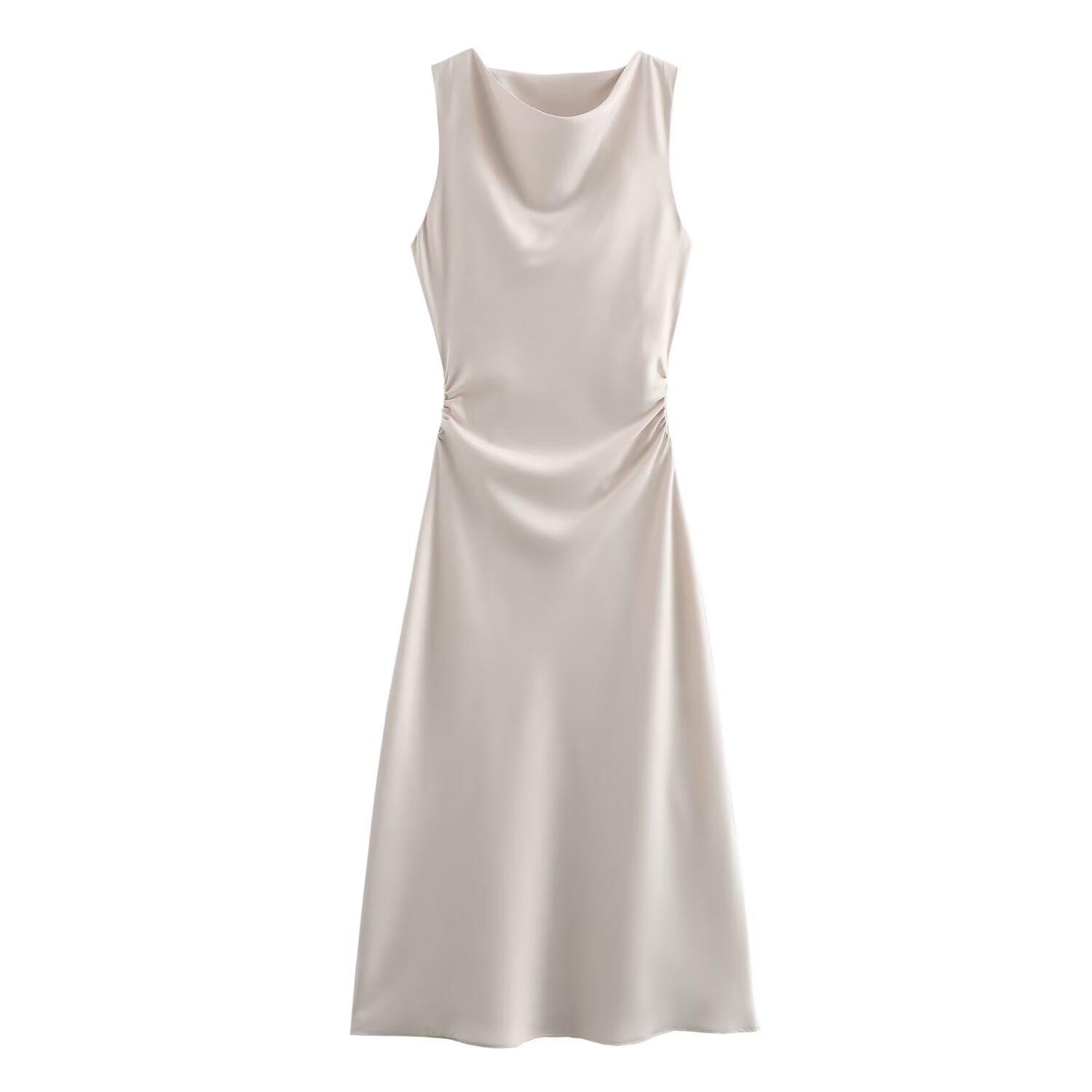 

Spring 2026 European & American Style Women s Silk Satin Waist-Cinching Midi Dress Large