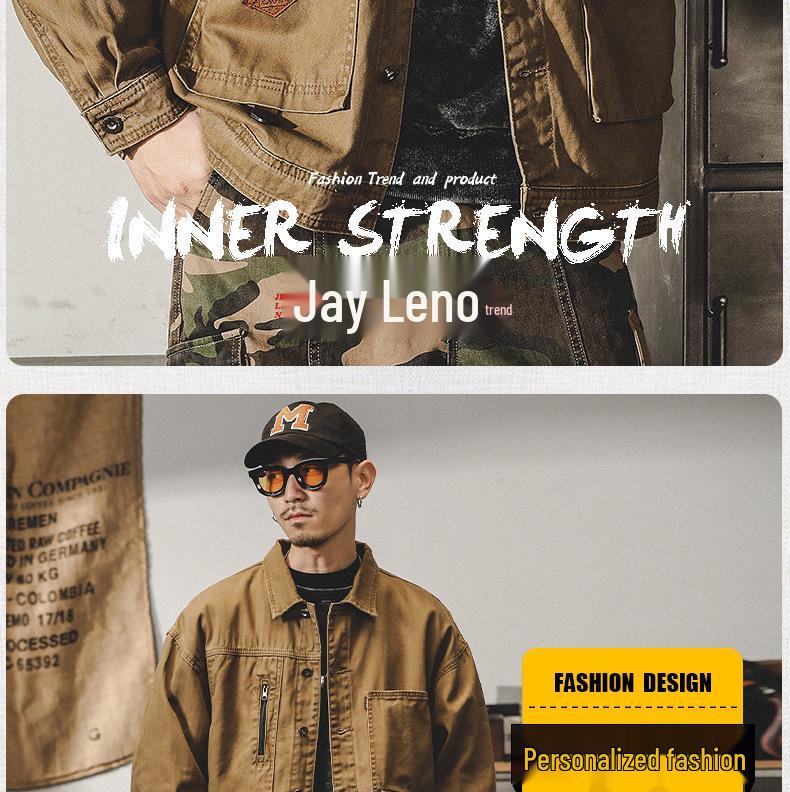 Men's Autumn Loose Fit Cotton Workwear Jacket - Trendy, Multi-Pocket, Plus Size, Casual Lapel Top