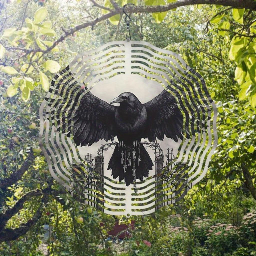 Metal Wind Spinner Outdoor Decor 2D Raven Design Hanging Wind Chime for Garden Patio Yard No Electricity Needed Durable Weather Resistant