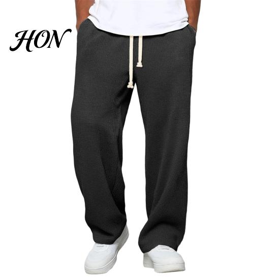 Versatile Outdoor Activewear Men Waffle Baggy Trousers, Wide Leg Drawstring Waist Slacks, Loose Fit Relaxed Travel Pants Casual Sweatpants with