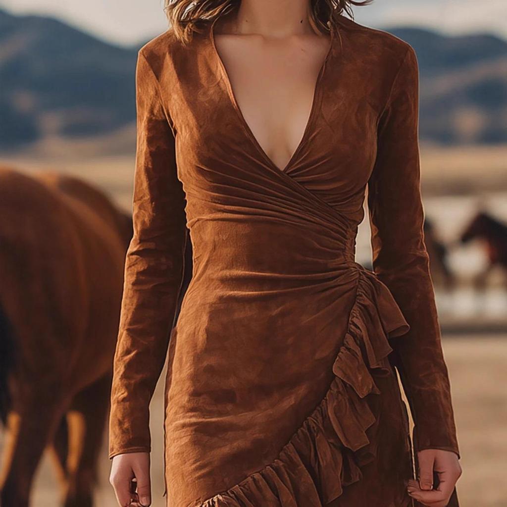 Elegantes Herbst 2025 Europäisches & Amerikanisches Mode Wildleder Kleid