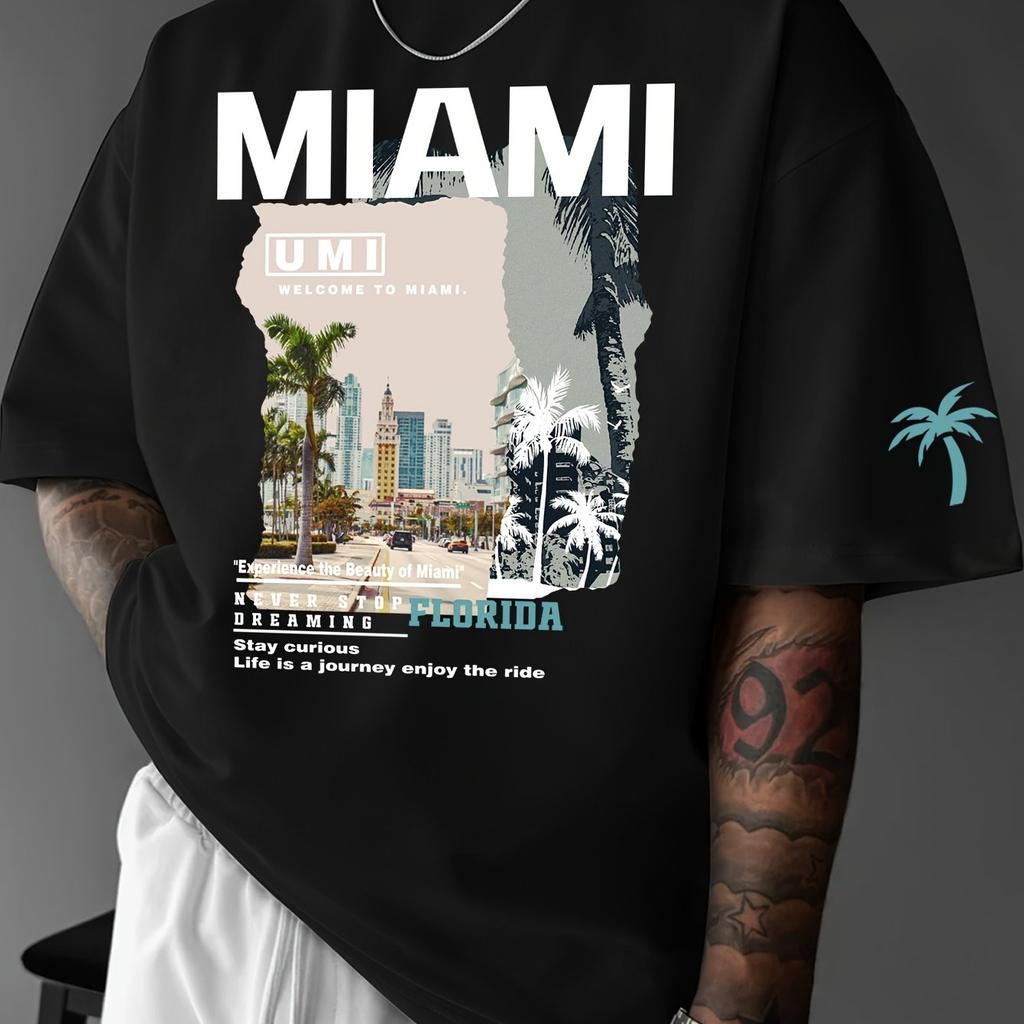 American Retro Men's Miami Pattern Print T-shirt Summer New Retro Fashion Men's and Women's Streetwear