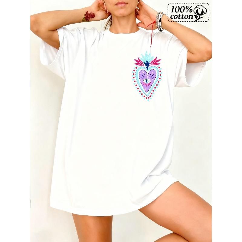 

Fashion Women T Shirt White Front Print Heart Eye Pattern And Text Comfortable for Casual Wear 4XL білий