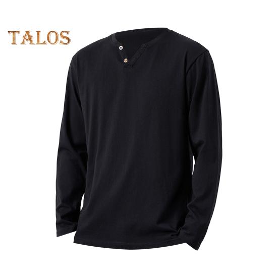 Men Fall Spring Top Buttoned V Neck Long Sleeves Pure Color Loose Pullover T-shirt Daily Wear Sport Homewear Clothes