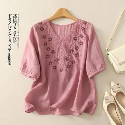 Women's White Linen Blouse Half Sleeve V-Neck Embroidered Floral Casual Top