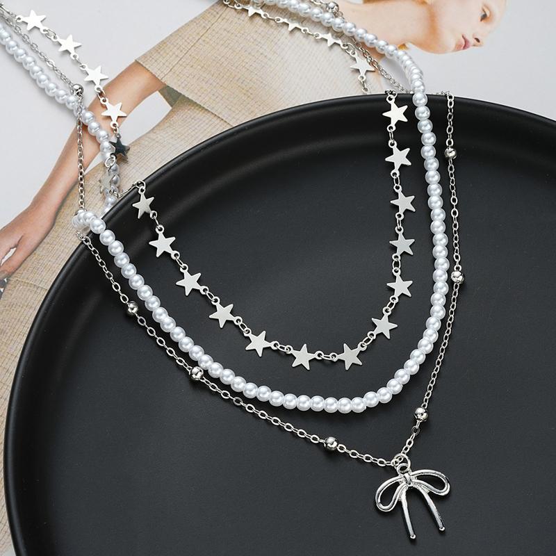 3Pcs/Set New Fashion Metal Bow Pendant Necklace for Women Simple Five Pointed Star Imitation Pearl Beaded Chain Necklace Jewelry