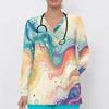 Women Plus Size Teal Black Gold Marble Printed Nurse Scrub Top V Neck Long Sleeve With Front Pockets