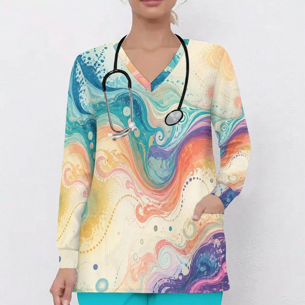 Women Plus Size Teal Black Gold Marble Printed Nurse Scrub Top V Neck Long Sleeve With Front Pockets