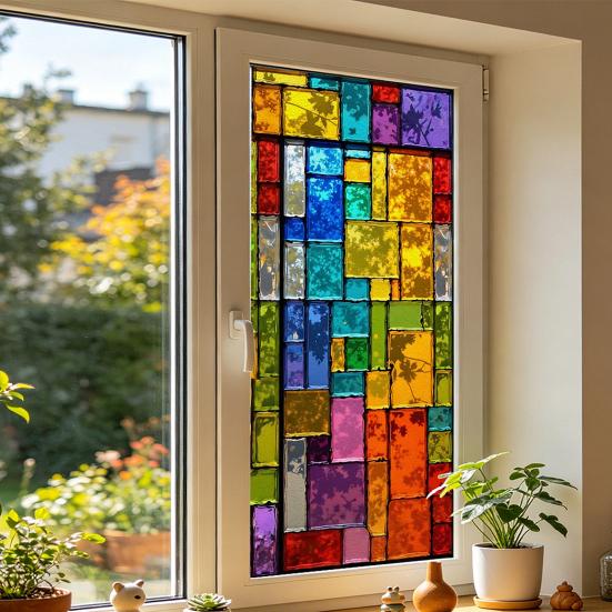 Static Cling Window Film, Full Blackout, Colorful Geometric Privacy UV Blocking, Reusable Heat Insulation Window Sticker for Home Office