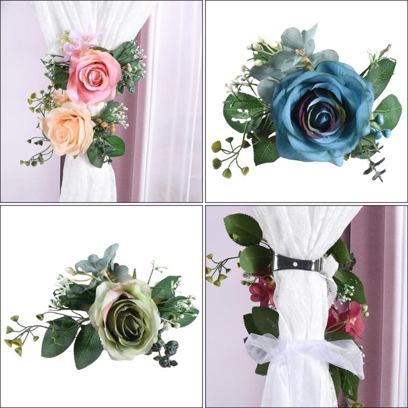 Florals Curtain Holdbacks 4 Pack Artificial Rose Flower Window Drapes Tiebacks Clips Accessories for Wedding Decoration