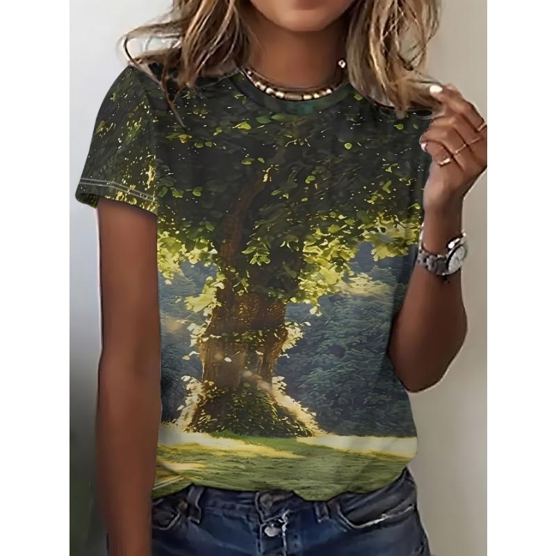 Women Wear Green T-shirt with Big Tree Print S