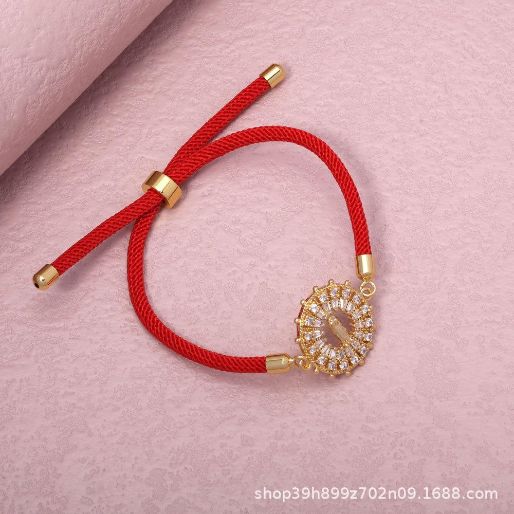 Gold-Plated Virgin Mary Zircon Bracelet with Adjustable Cotton Rope