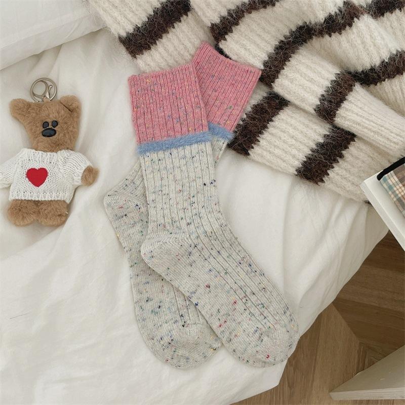 Striped Wool Socks Mid-Leg Socks Are Thickened And Fleece Warm Plush Dot Yarn Cashmere Long Stack Socks