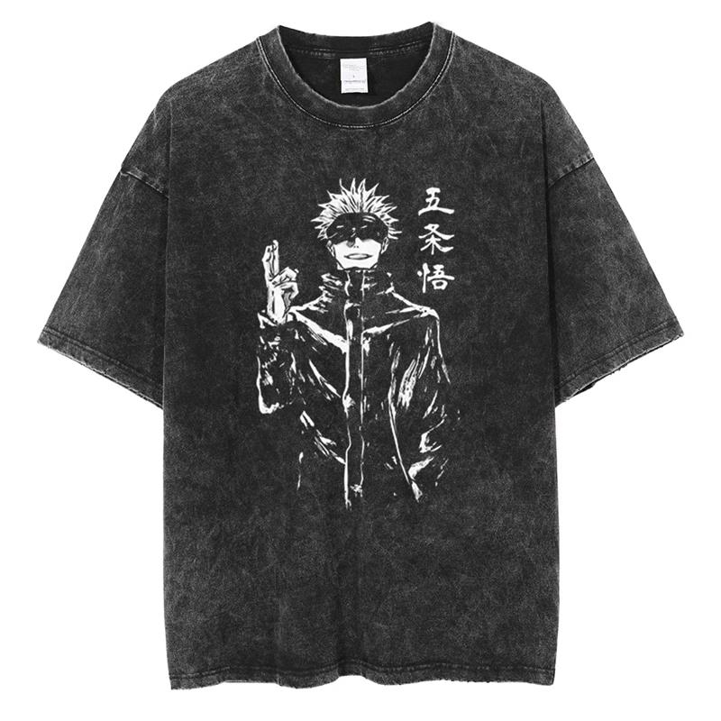 Jujutsu Kaisen Gojo Satoru Manga Panel Japanese Text Vintage Washed T Shirt Summer Graphic Tee for Men Women